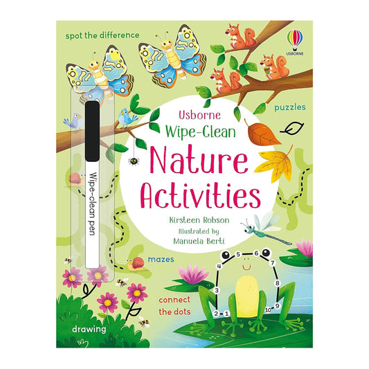 Usborne Wipe-Clean Nature Activities book cover with colorful illustrations of nature-themed activities.