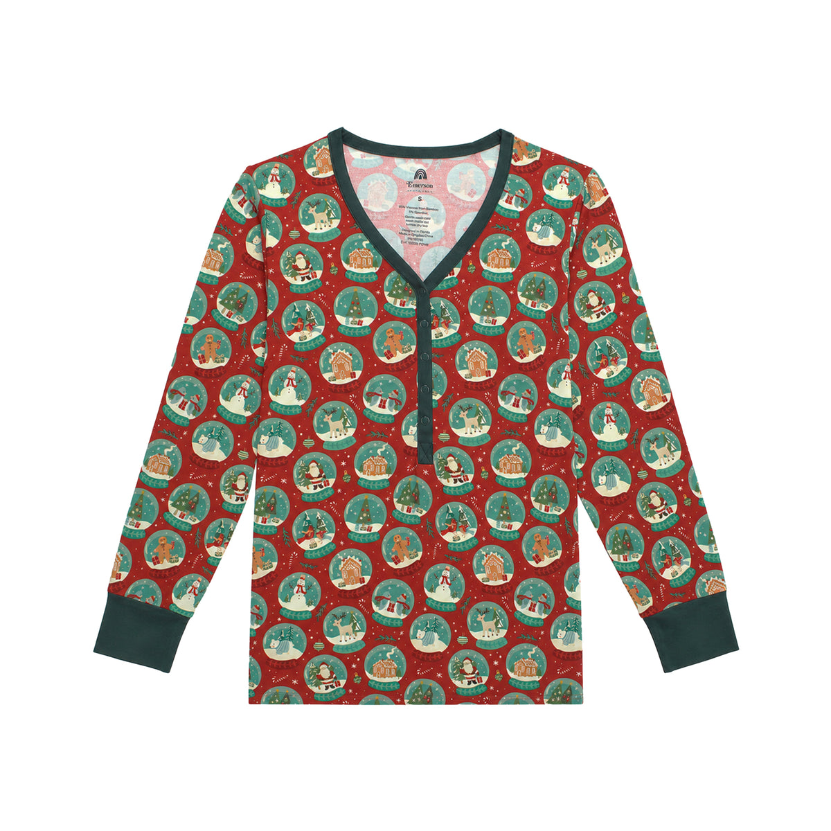 A long-sleeve V-neck pajama top with a festive Christmas print, featuring circular snow globe motifs on a red background with dark green trim and cuffs.