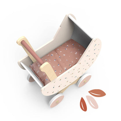 Floral and cream wooden doll pram with a floral fabric mattress inside to lay your doll on