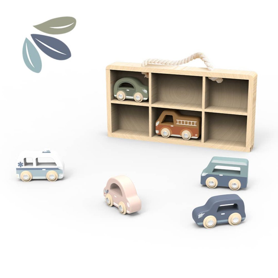 wooden car display case with 6 storage spots and 6 wooden multicolored cars included