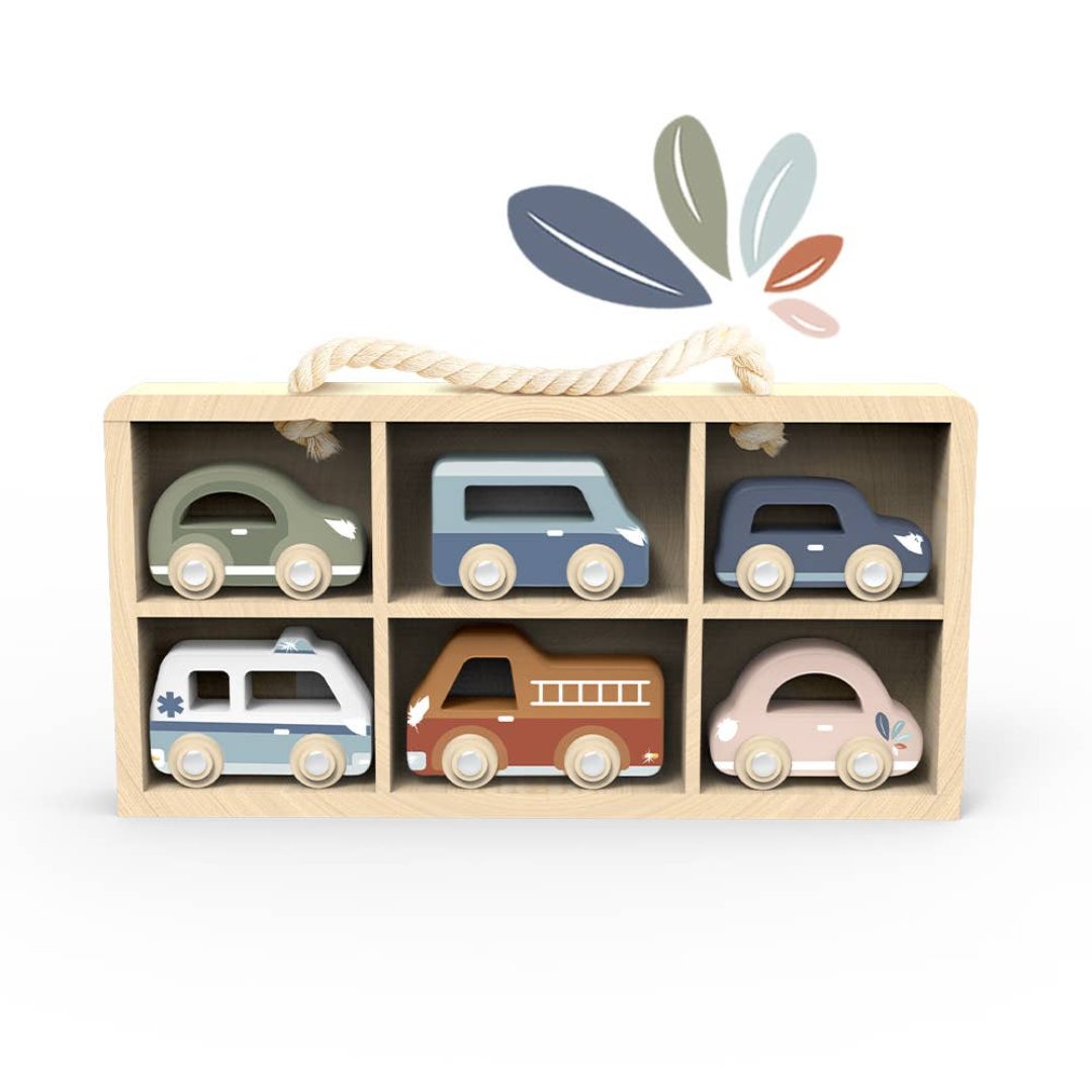 wooden car display case with 6 storage spots and 6 wooden multicolored cars included