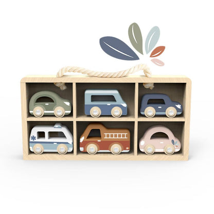 wooden car display case with 6 storage spots and 6 wooden multicolored cars included