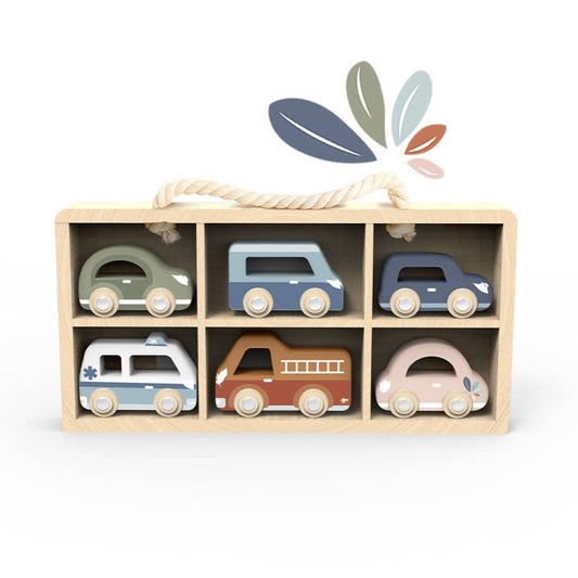 wooden car display case with 6 storage spots and 6 wooden multicolored cars included
