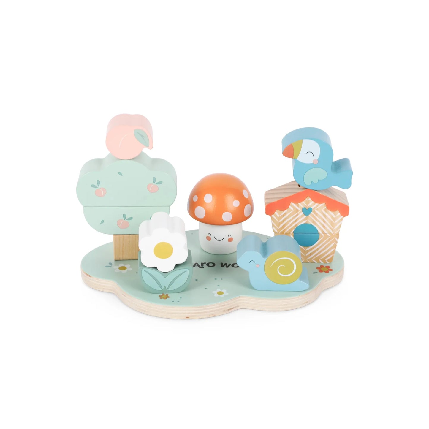 Set of colorful wooden toys including a tree, mushroom, flower, and bird on a white background