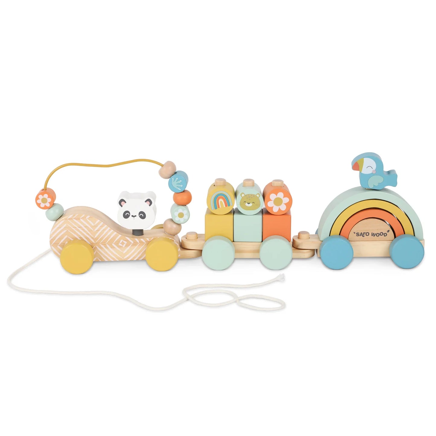 Wooden toy with colorful animals and a rainbow on a white background