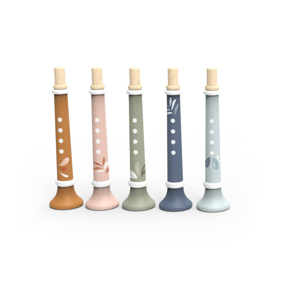 kids wooden toy trumpets in 5 different colors, brown, pink, green, dark blue and light blue. Each trumpet is sold separately. 