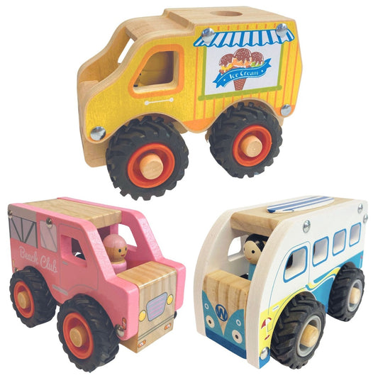 One yellow wooden ice cream truck toy, one pink wooden truck toy, and one white and blue wooden truck toy
