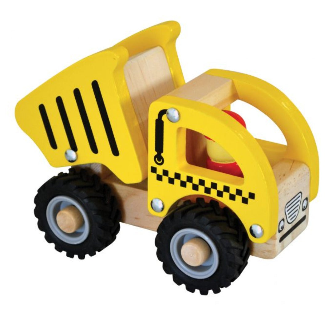 Yellow wooden tipper truck toy