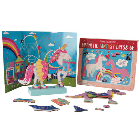Colorful unicorn and dragon wooden paper dolls, a carnival scene, the display case