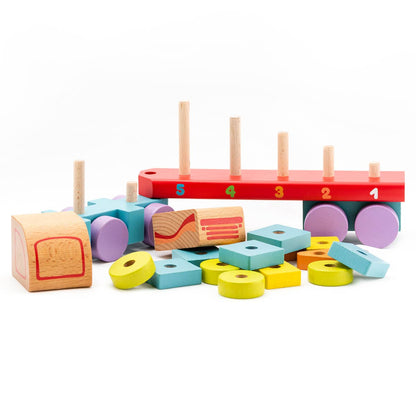 wooden truck with different colored blocks that you stack on rods