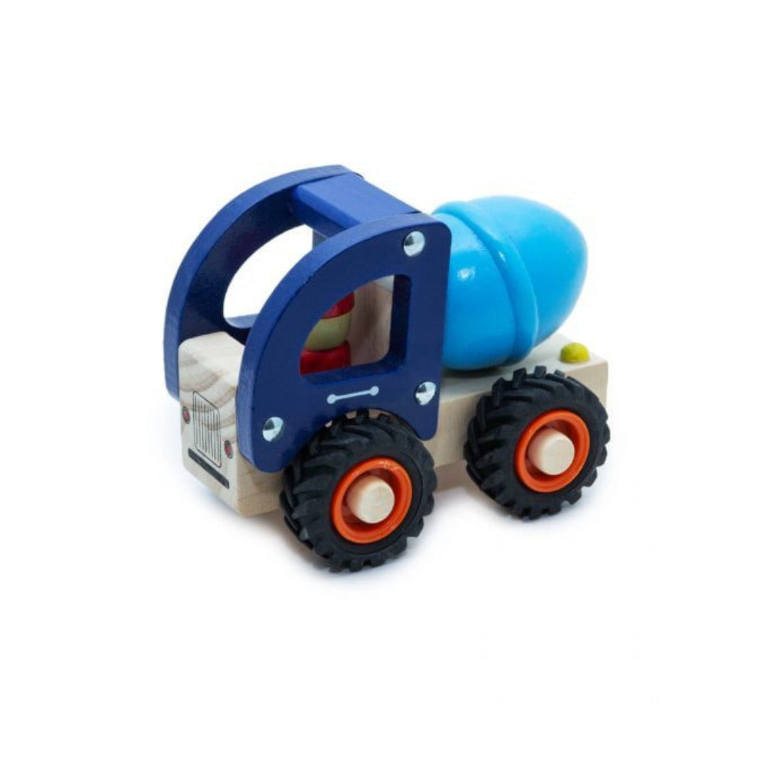 Blue and black wooden mixer truck toy