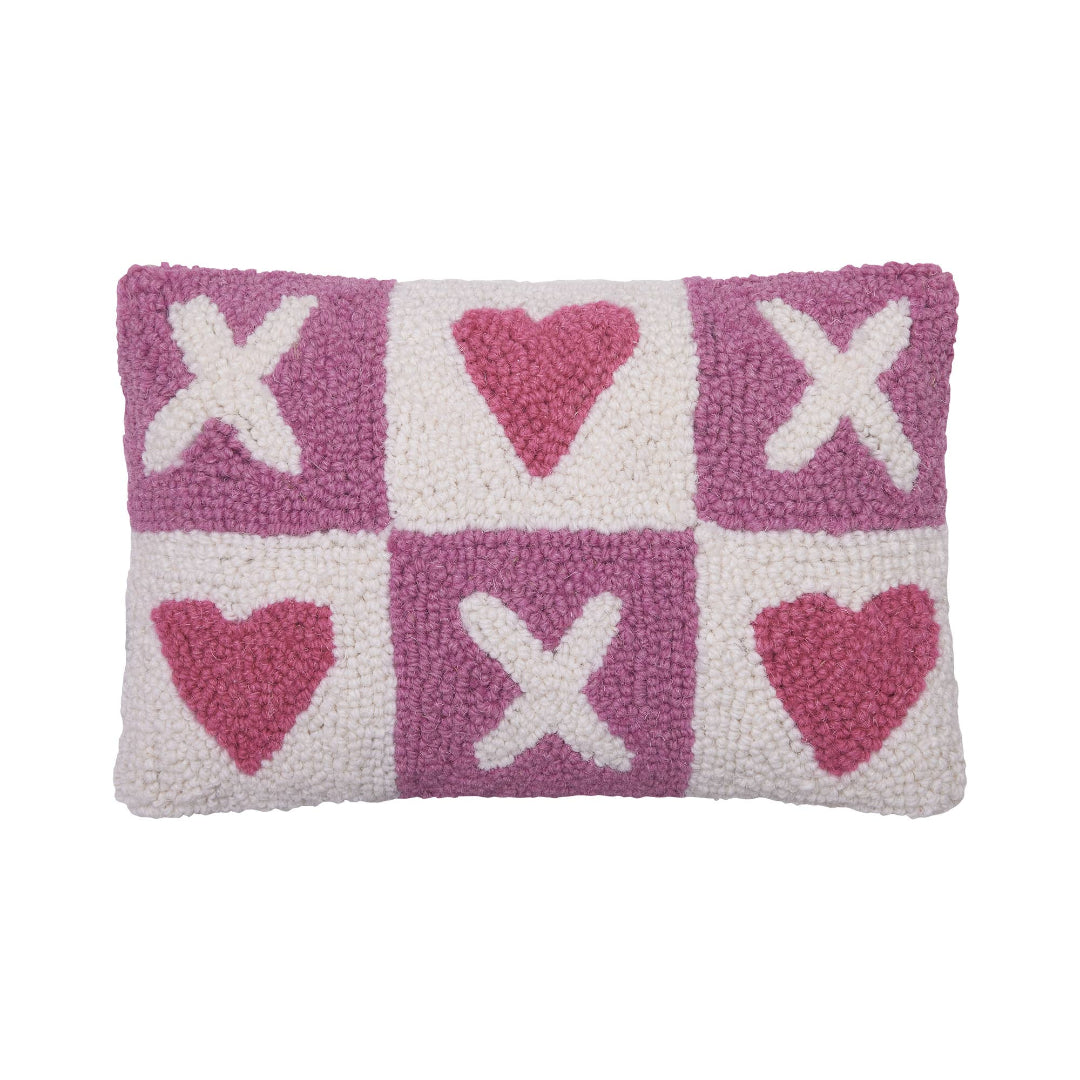 white and pink valentines hook pillow with xoxo on the front