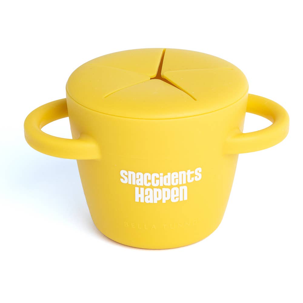 Yellow silicone snacker with a lid and handles on a white background