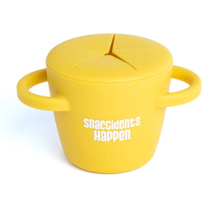 Yellow silicone snacker with a lid and handles on a white background
