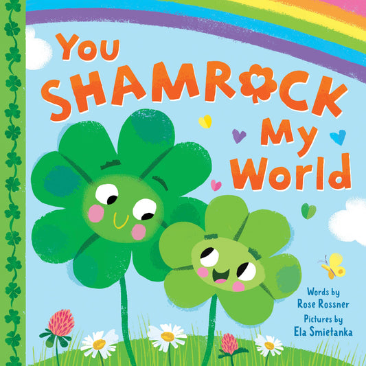 St. Patricks day themed book with 2 shamrocks with faces on the front and a blue sky and rainbow in the background