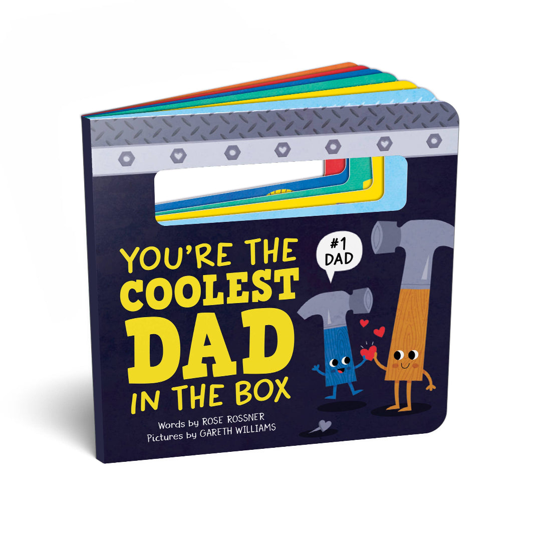 Children's book titled 'You're the Coolest Dad in the Box' with colorful design and text.