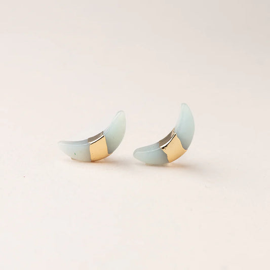 Crescent Moon Stud Earrings - Amazonite/Gold