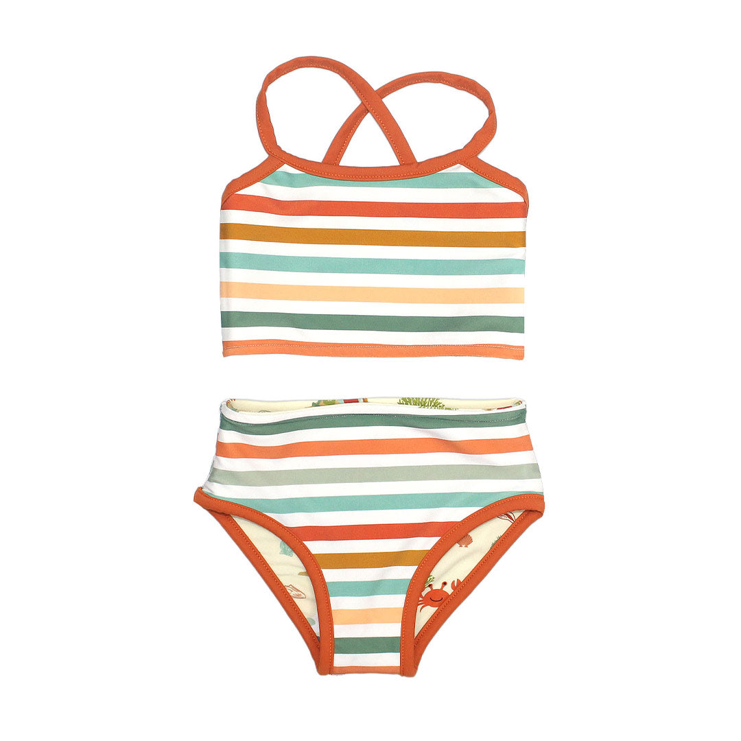 Beach Day and Coral Stripes Reversible Bikini Girls Swimsuit