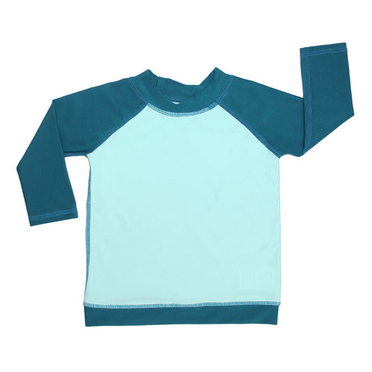 Ocean Blue and Blue Surf Long Sleeve Baseball Rash Guard Shirt