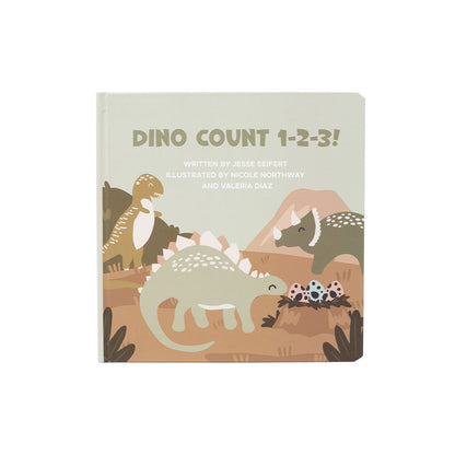 the book "dino count 1-2-3!" written by Jessie Seifert. Illustrated by Nicole Northway and Valeria Diaz. 