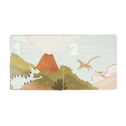an excerpt from the book "Dino count 1-2-3!" - 1. volcano red as rust, puffing up a cloud of dust. 2. pterodactyls way up high, watch them soar through the bright blue sky.