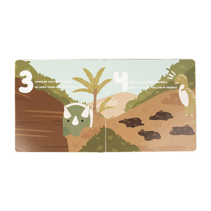 an excerpt from the book "dino count 1-2-3!" - 3. horns on this fearsome guy, he looks tough but he's awfully shy. 4. tar pits beginning to bubble, don't fall in or you'll be in trouble!
