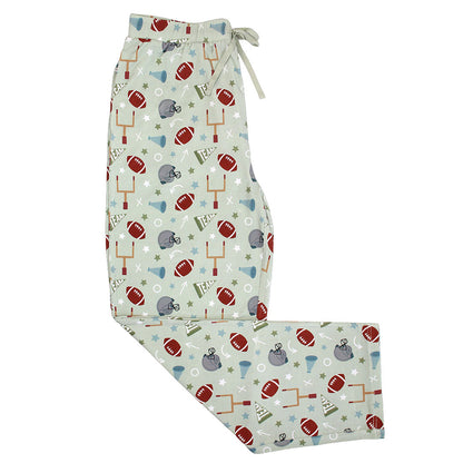 Relaxed fit lounge pajama pants in a green Game Day football print, featuring pockets and a drawstring waist.