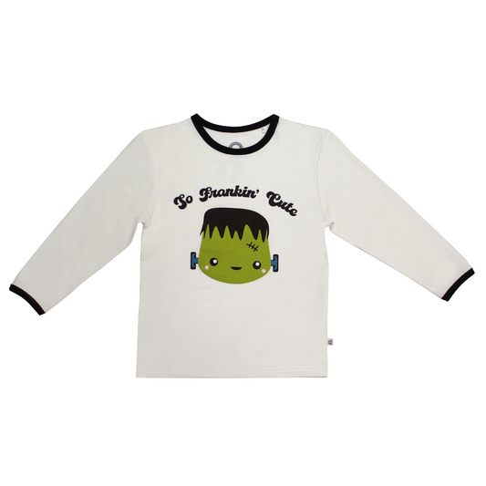 So Frankin' Cute Halloween Long Sleeve Viscose Bamboo Terry Ringer Kids Tee Shirt