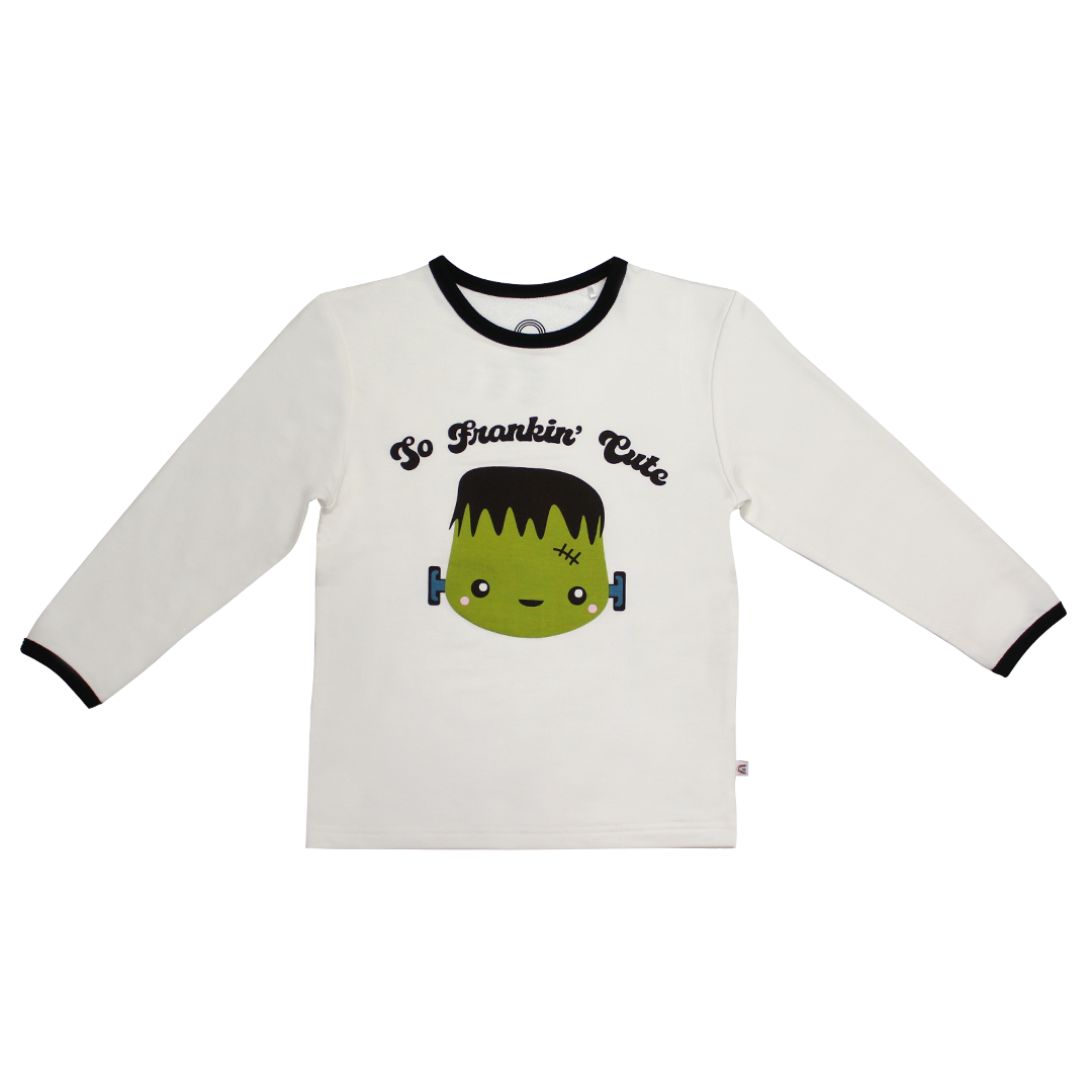 So Frankin' Cute Halloween Long Sleeve Viscose Bamboo Terry Ringer Kids Tee Shirt