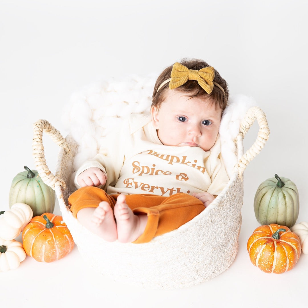 pumpkin spice fall baby girl cotton onesie outfit
