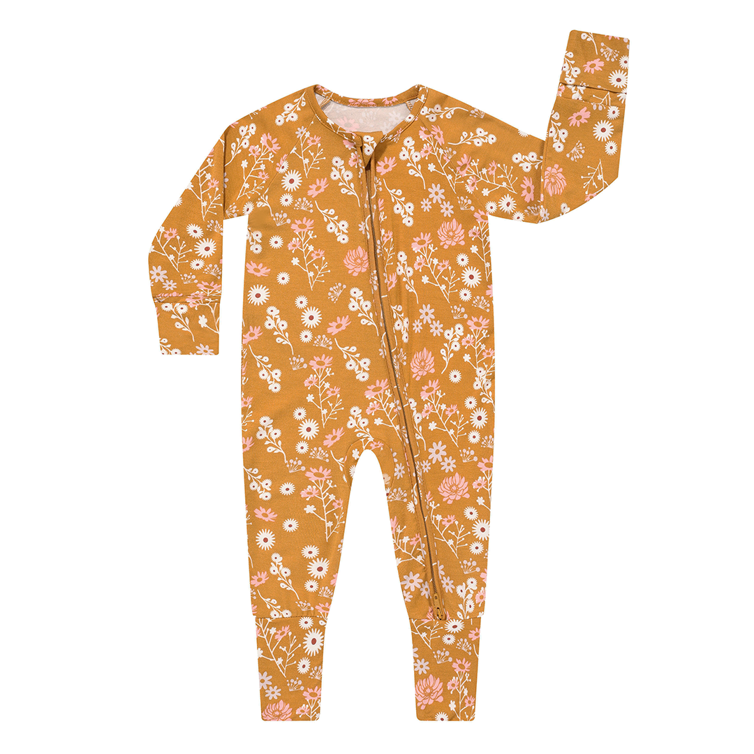 Mustard Floral (Without Ruffle) Baby Convertible Bamboo Zippy Pajama