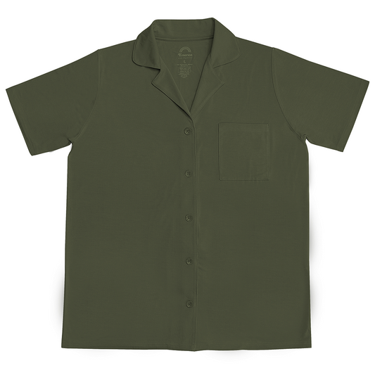Olive Green Bamboo Short Sleeve Button Down Womens Top