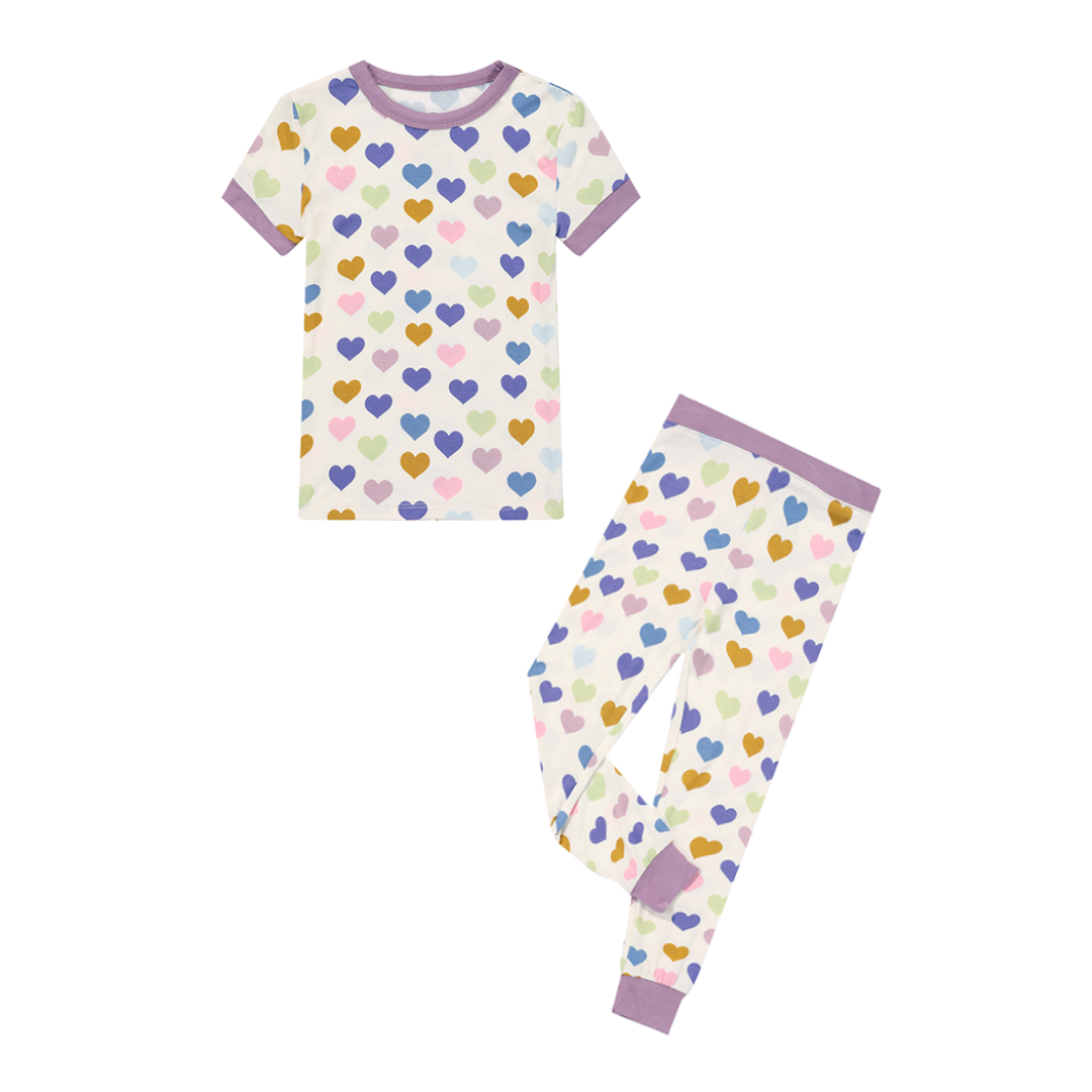 Little Love Purple Hearts Viscose Bamboo Kids Short Sleeve Pajama Set