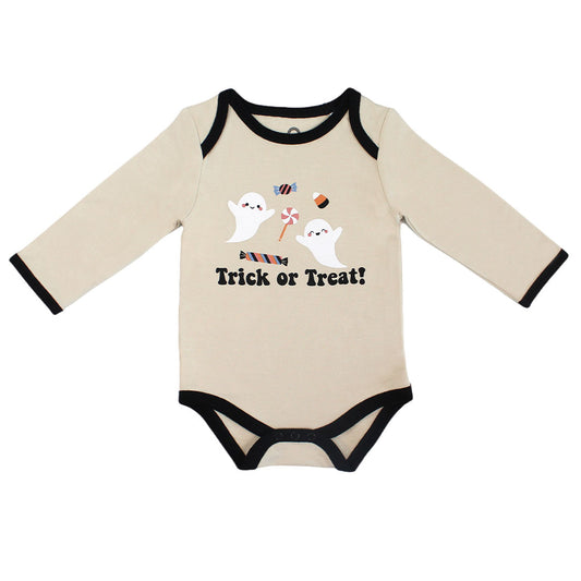 the "trick or treat" terry onesie. this has a design of 2 ghost happily flying around different halloween candies. you can see the words "trick or treat!" printed below the graphic.