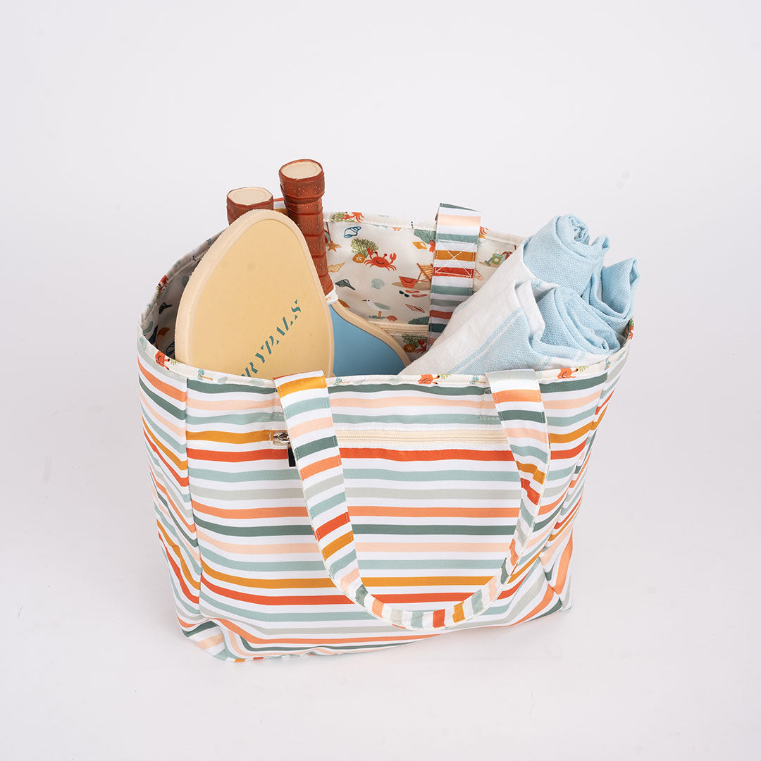 beach day and coral stripes reversible beach bag