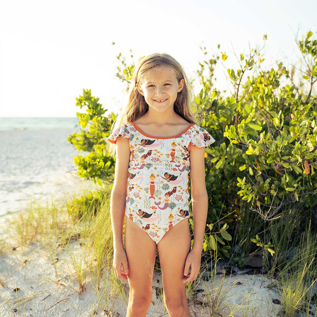 Making Waves Mermaids and Light Coral Reversible Ruffle Sleeve One Piece Girls Swimsuit