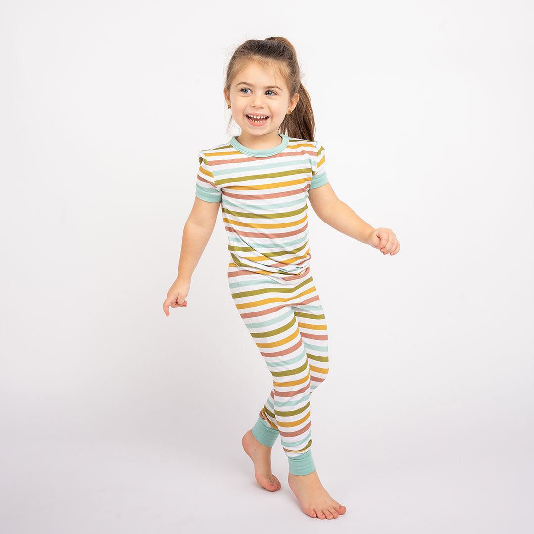 Spring Stripes Two-Piece Bamboo Short Sleeve Kids Pajama Pants Set